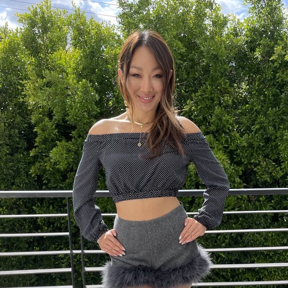 Bcbgeneration Polka Dot Off-the-shoulder Cropped Top In Black - Picture 2 of 9